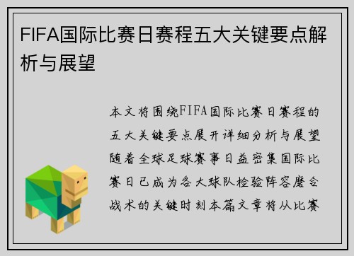 FIFA国际比赛日赛程五大关键要点解析与展望